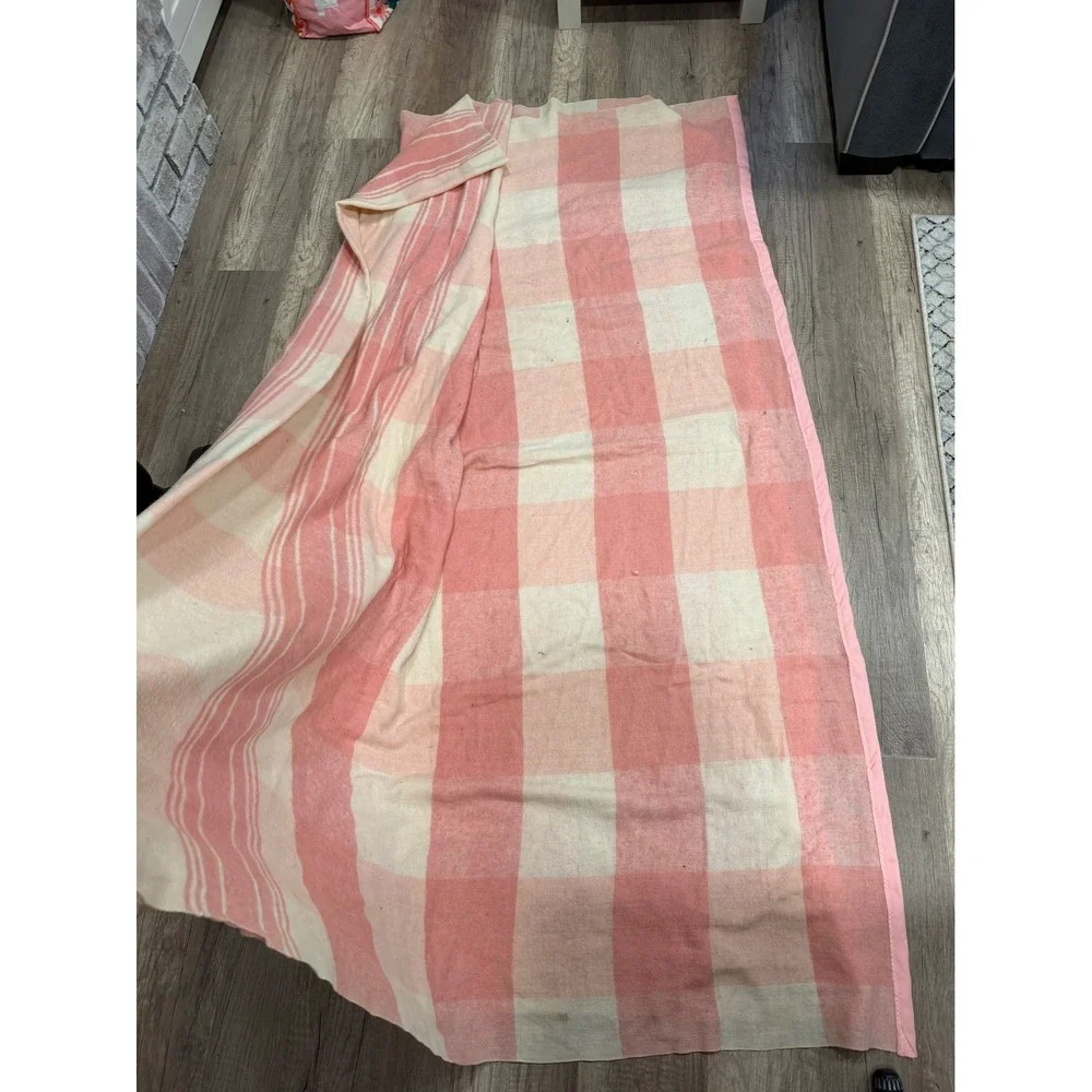 Vintage Camp Blanket Unisex OS Pink Buffalo Check Wool Satin Trim Cabin Core